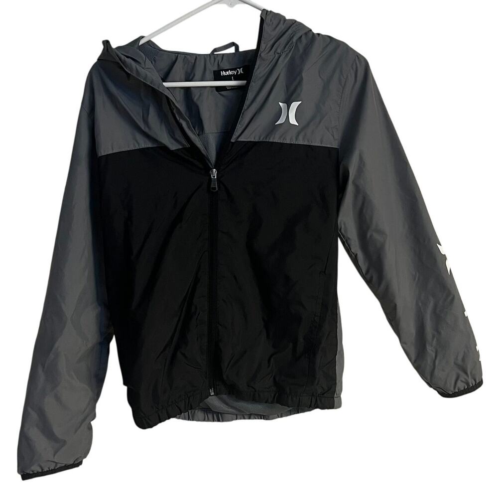 Hurley Jacket Youth Large Logo Light Weight Zip up Wind Breaker Gray Black